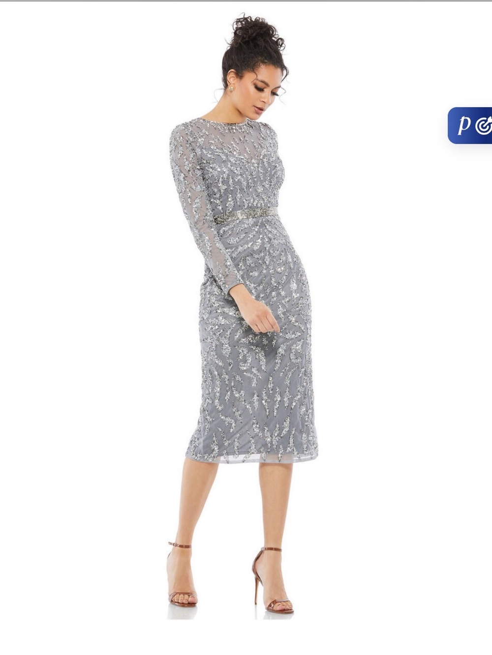 MacDuggal Platinum Silver Sequin Long-Sleeve Midi Dress